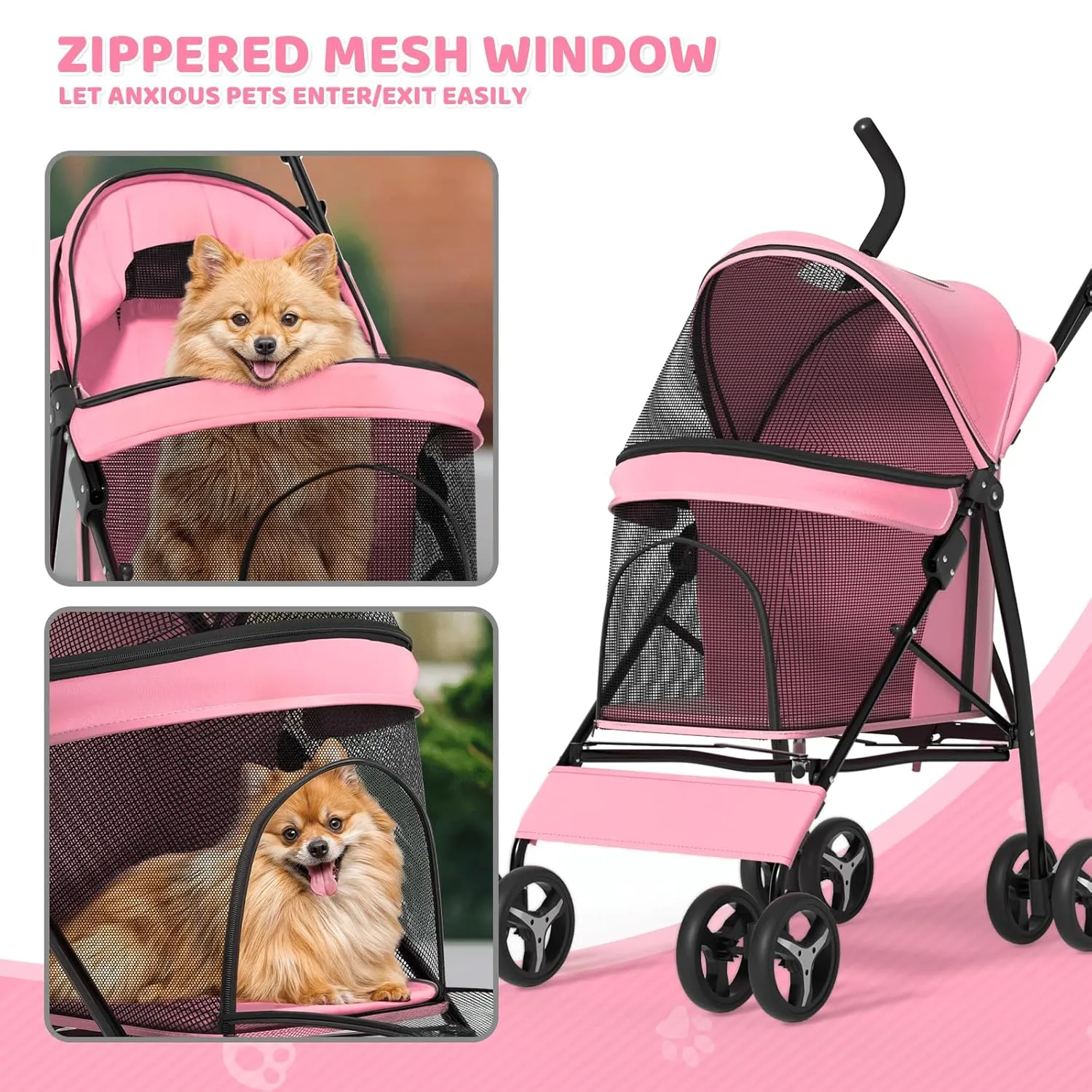 Magshion Compact Pet Stroller for Small-Medium Dogs/Cats up to 22lbs, 4-Wheel Lightweight Umbrella Shaped Portable Puppy Travel Jogger with Breathable Mesh & Rear Storage, Pink