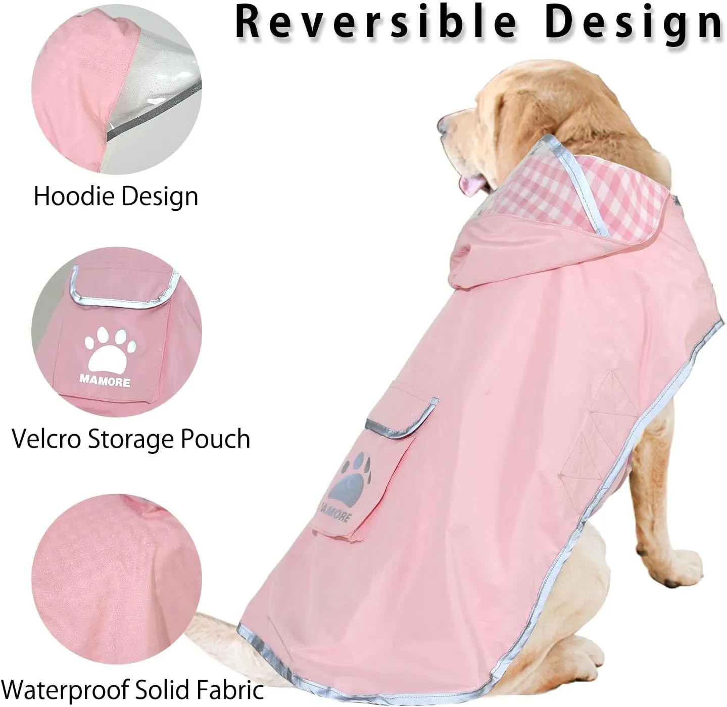 MAMORE Dog Raincoat Reversible,Waterproof Dog Rain Coat Hooded Slicker Poncho with Reflective Strip, Plaid Double Layer Rain Jacket for Small Medium Large Dogs (Pink, X-Small)
