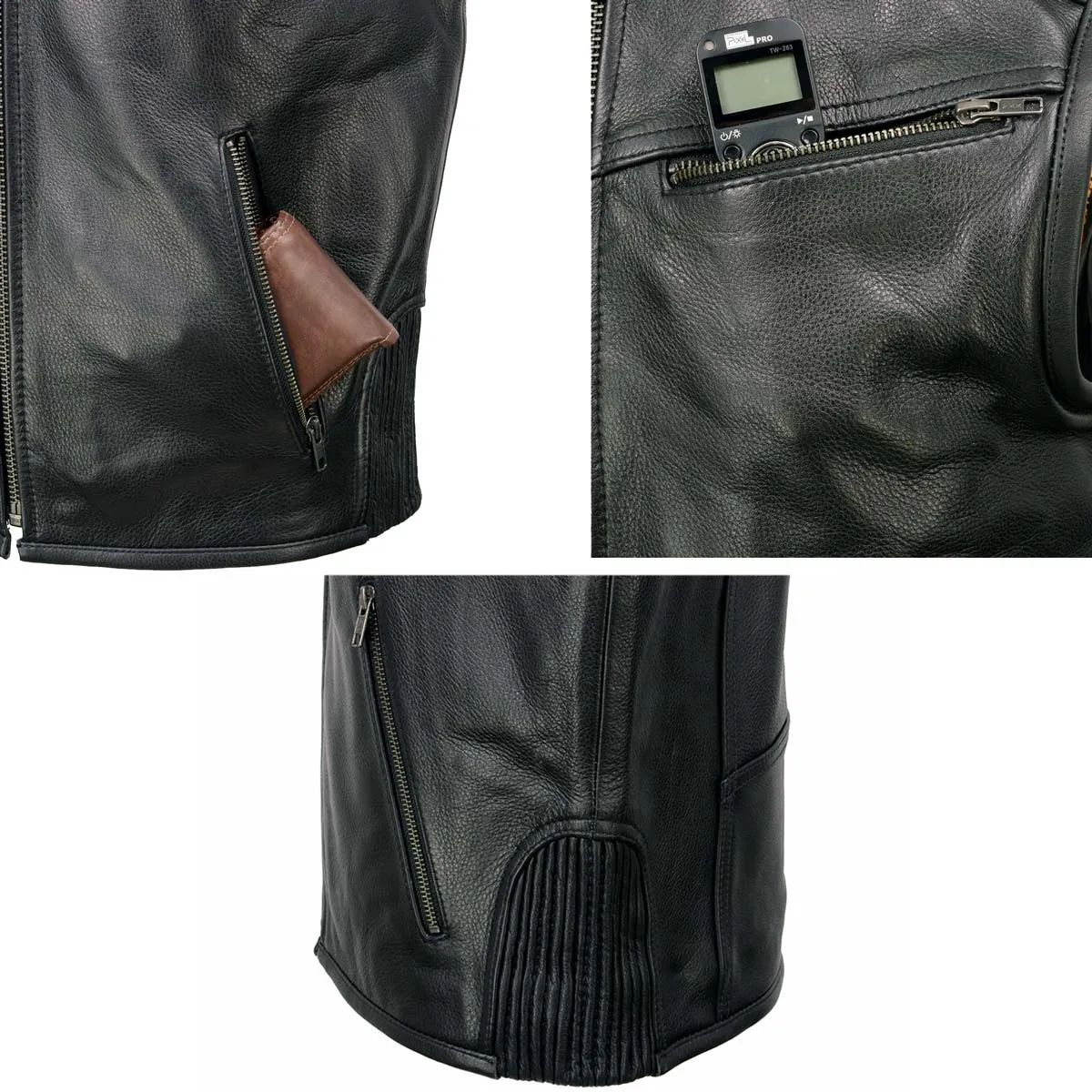 MLM3502 Men's Black Cool-Tec Leather Vest Front Zipper Motorcycle Rider Vest with Stand-Up Collar