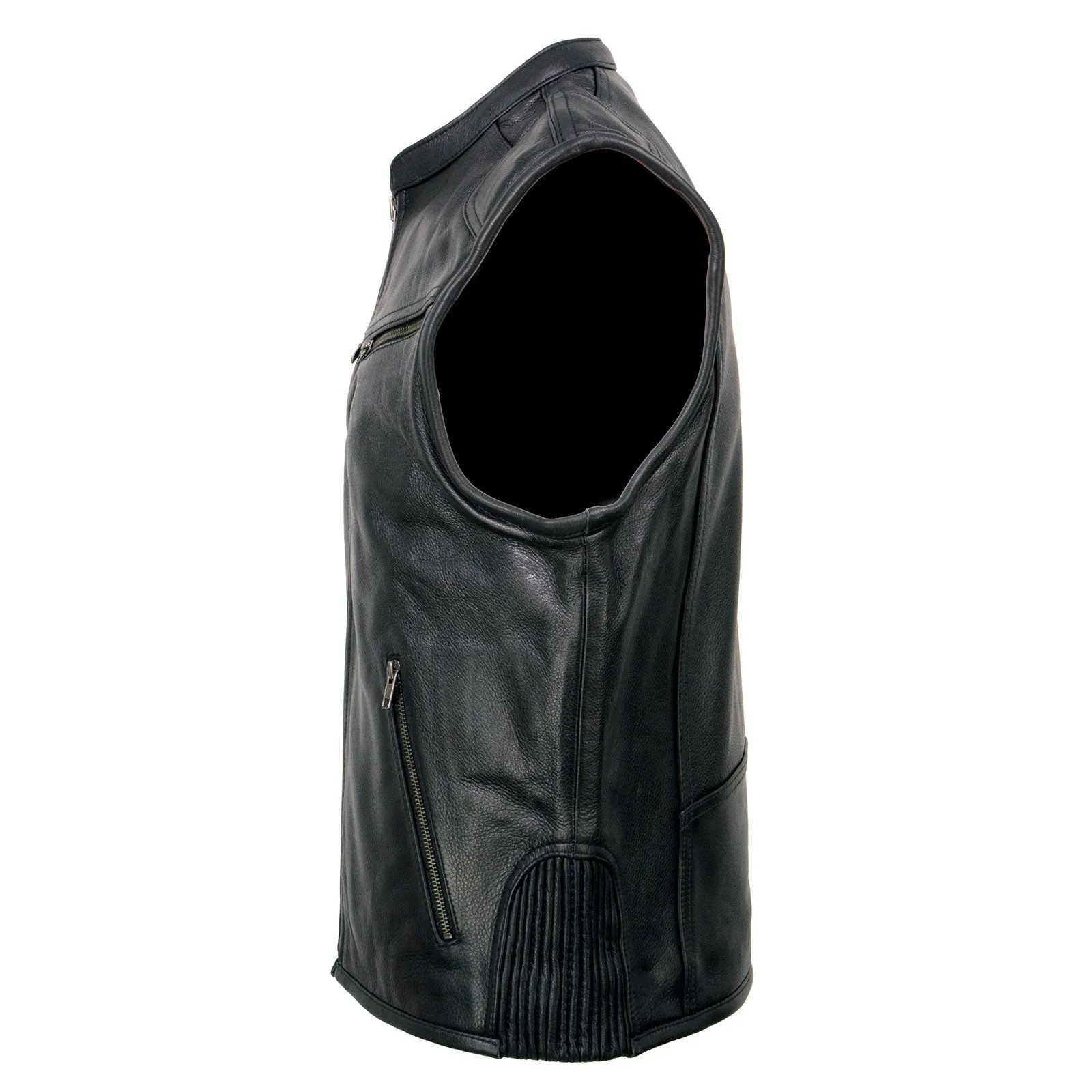 MLM3502 Men's Black Cool-Tec Leather Vest Front Zipper Motorcycle Rider Vest with Stand-Up Collar