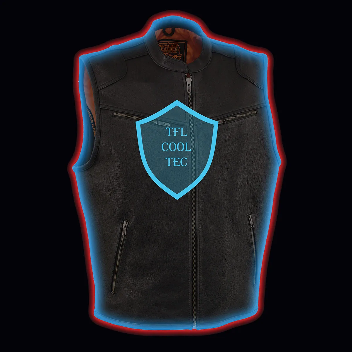 MLM3502 Men's Black Cool-Tec Leather Vest Front Zipper Motorcycle Rider Vest with Stand-Up Collar