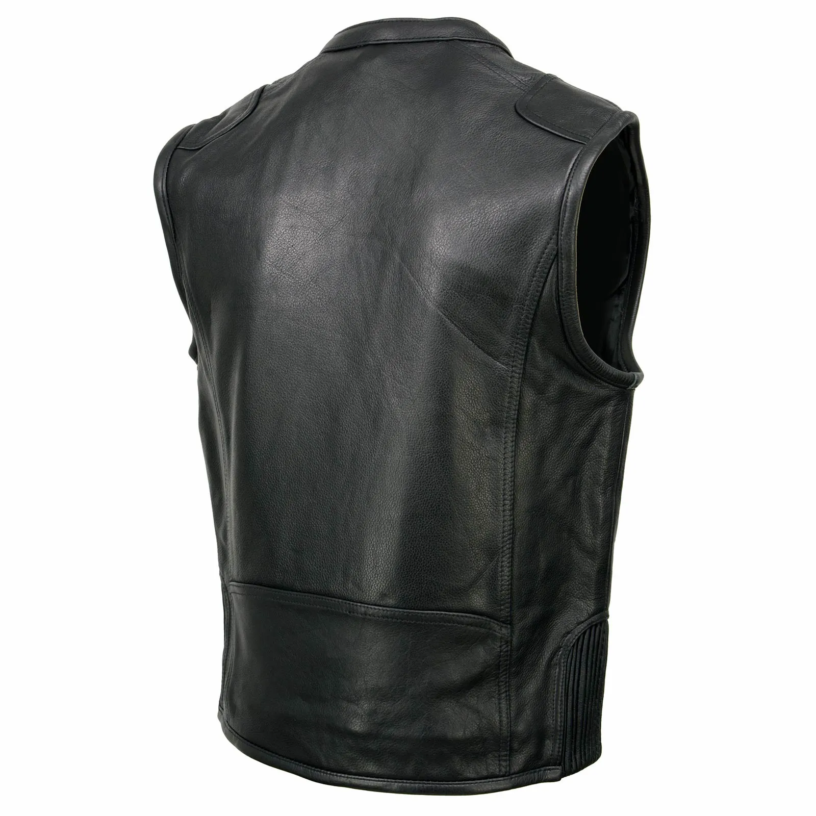 MLM3502 Men's Black Cool-Tec Leather Vest Front Zipper Motorcycle Rider Vest with Stand-Up Collar