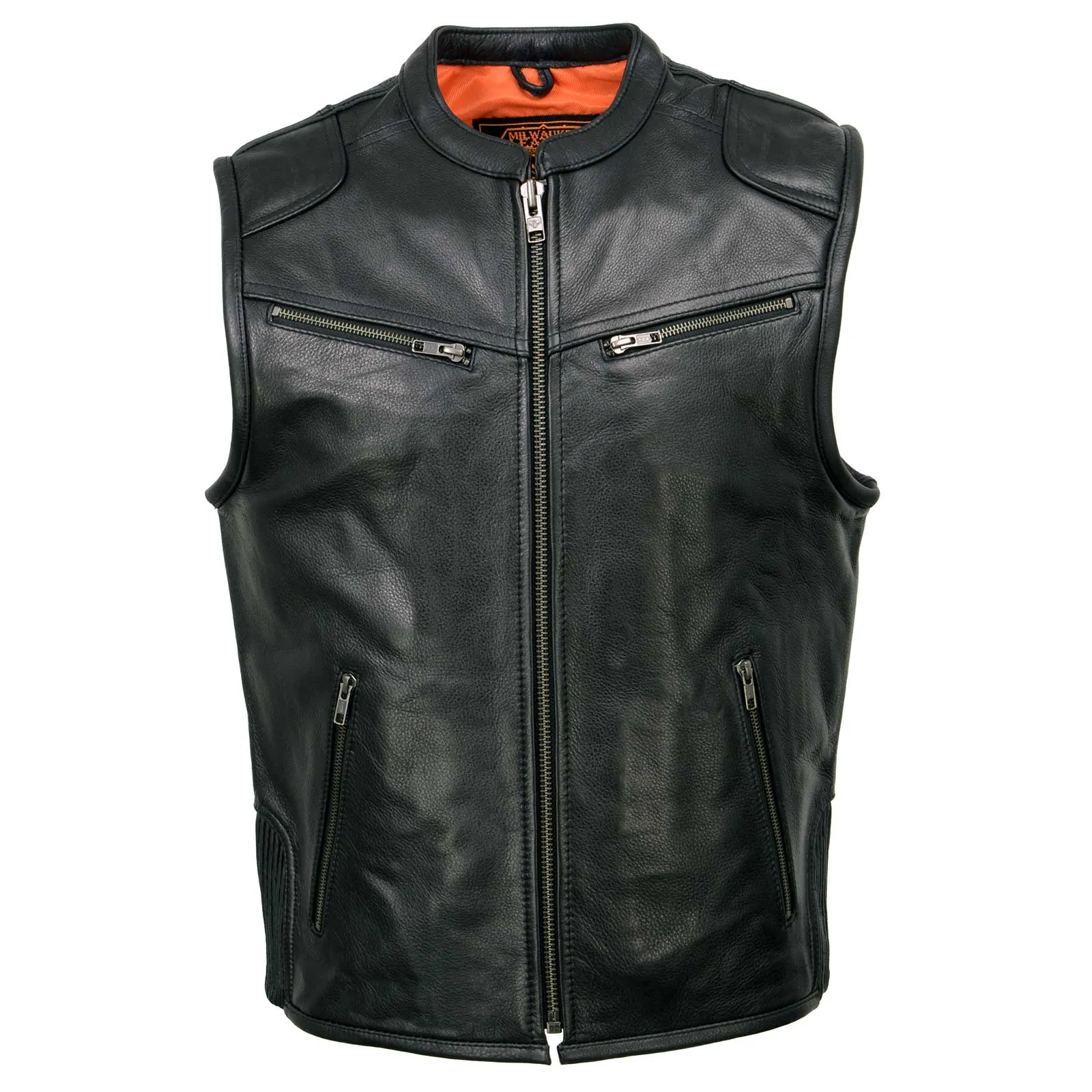MLM3502 Men's Black Cool-Tec Leather Vest Front Zipper Motorcycle Rider Vest with Stand-Up Collar
