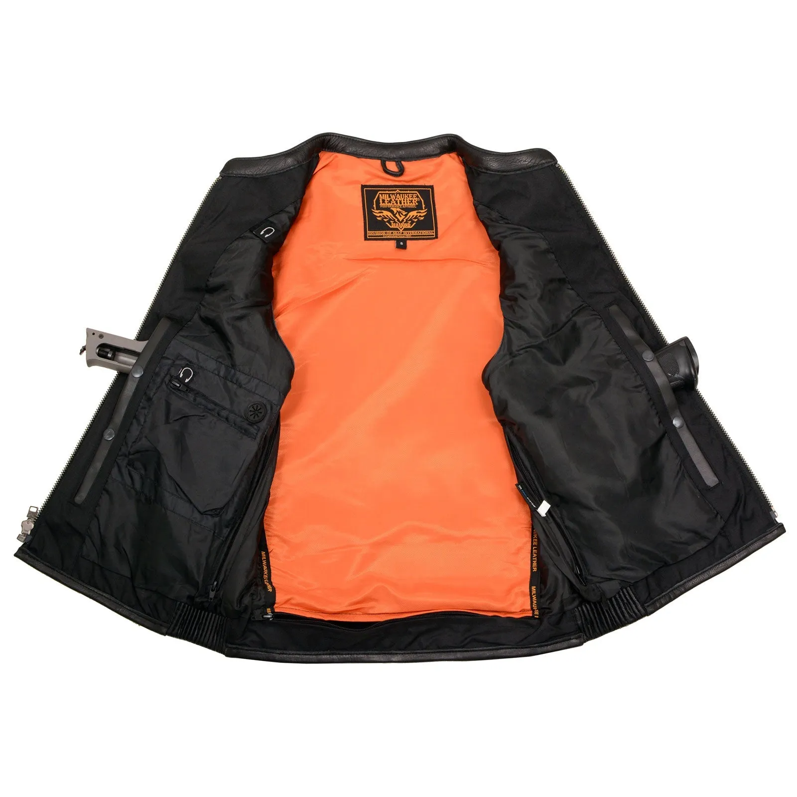 MLM3502 Men's Black Cool-Tec Leather Vest Front Zipper Motorcycle Rider Vest with Stand-Up Collar