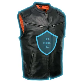 MLM3502 Men's Black Cool-Tec Leather Vest Front Zipper Motorcycle Rider Vest with Stand-Up Collar