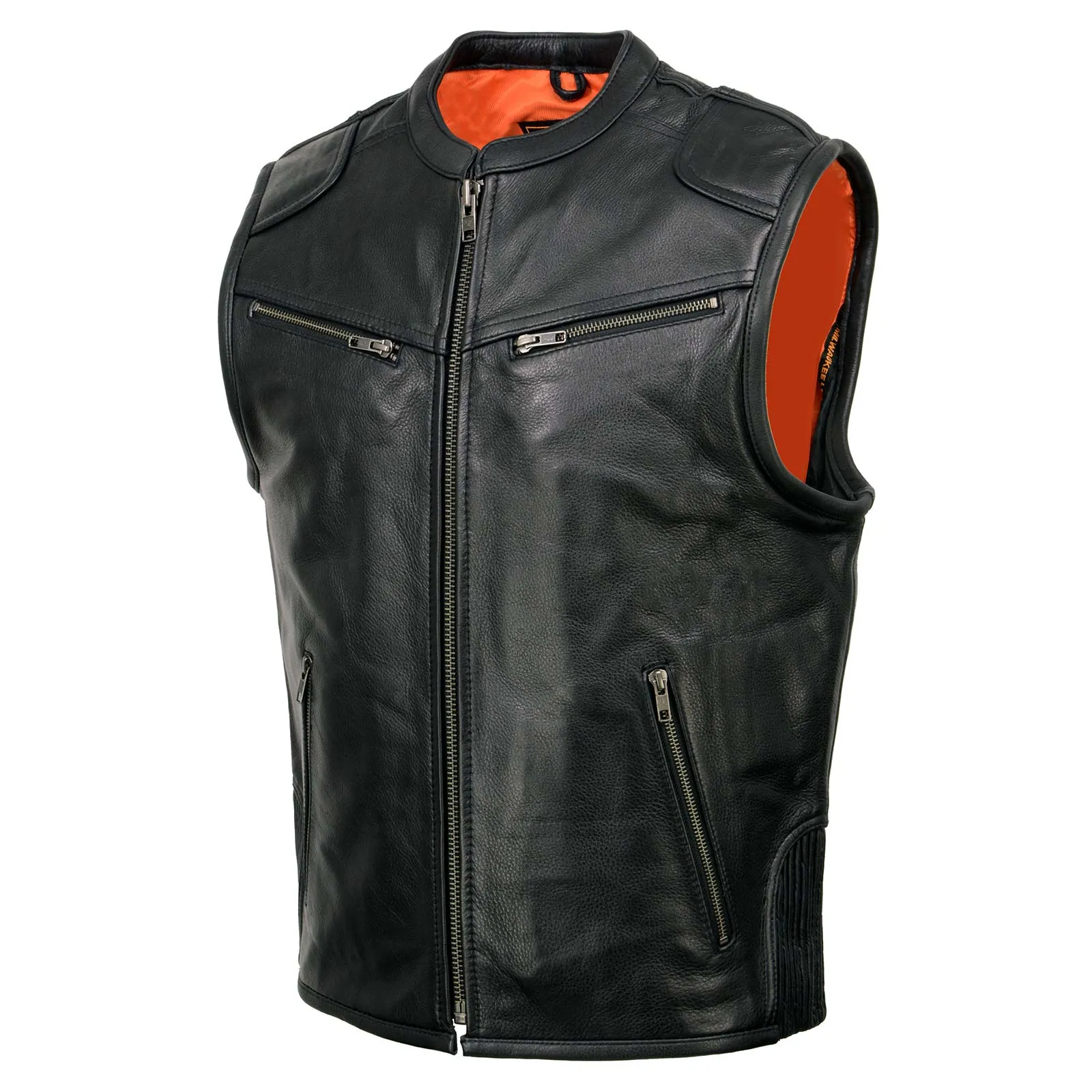 MLM3502 Men's Black Cool-Tec Leather Vest Front Zipper Motorcycle Rider Vest with Stand-Up Collar