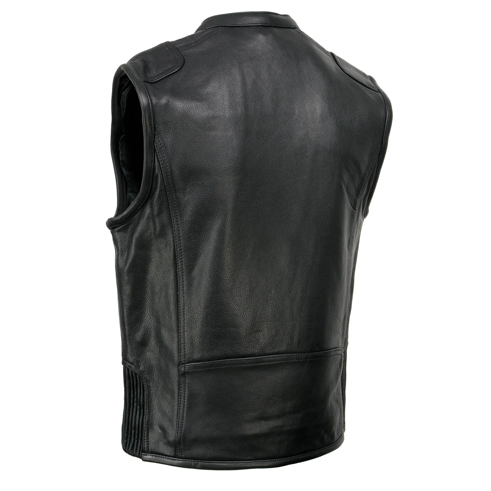 MLM3502 Men's Black Cool-Tec Leather Vest Front Zipper Motorcycle Rider Vest with Stand-Up Collar