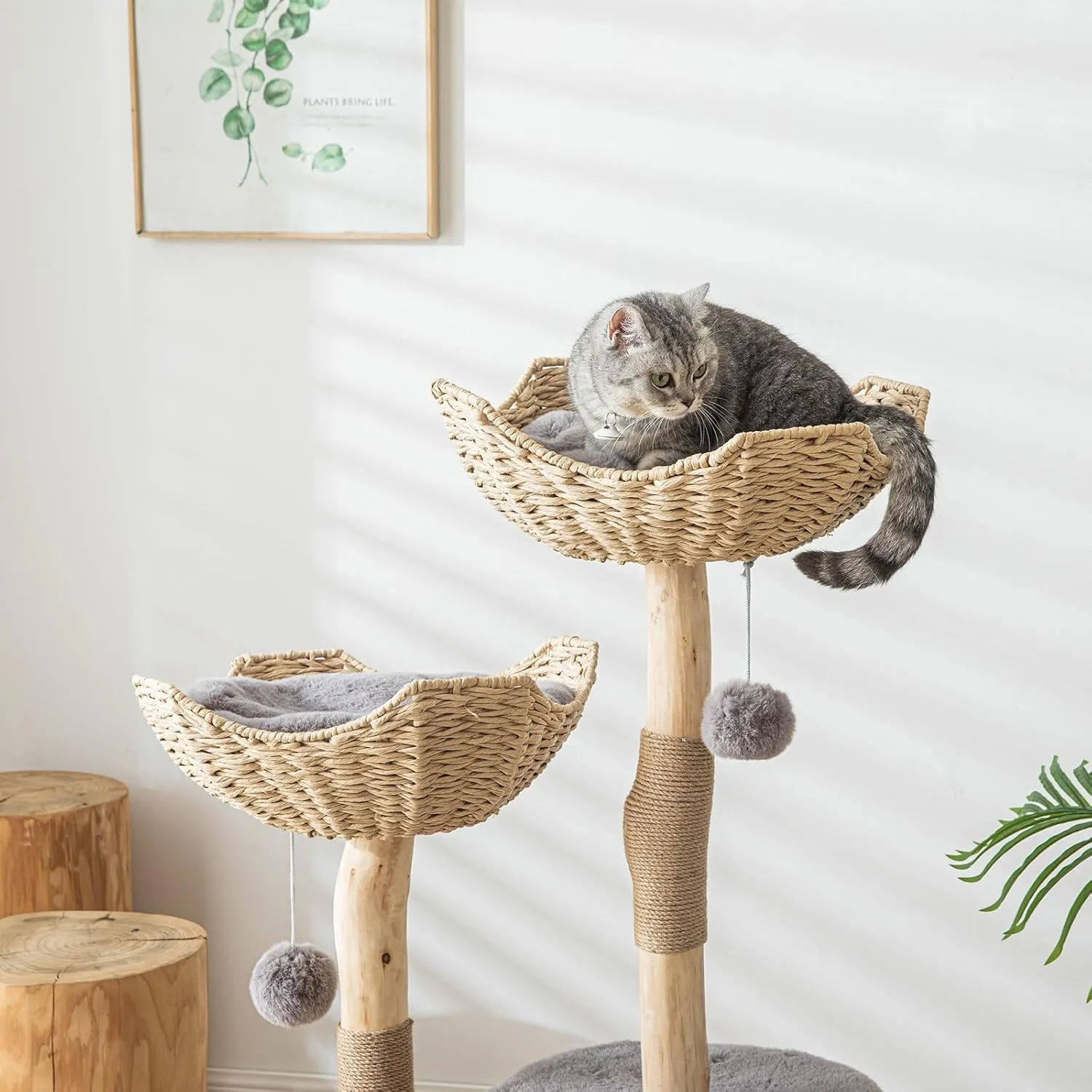 Modern Cat Tree for Indoor Cats, Large Adult 46" Tall, Wooden Cat Tower with Scratching Post, Luxury Cat Condo, Gray