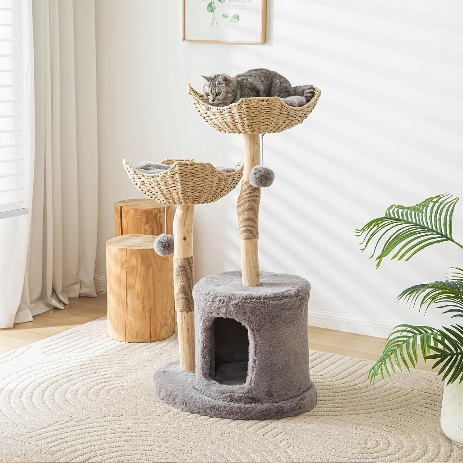 Modern Cat Tree for Indoor Cats, Large Adult 46" Tall, Wooden Cat Tower with Scratching Post, Luxury Cat Condo, Gray