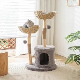 Modern Cat Tree for Indoor Cats, Large Adult 46" Tall, Wooden Cat Tower with Scratching Post, Luxury Cat Condo, Gray