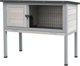 PawHut Elevated Wooden Rabbit Hutch, Indoor/Outdoor Bunny Cage with Hinged Asphalt Roof and Removable Tray for Guinea Pig, Gray