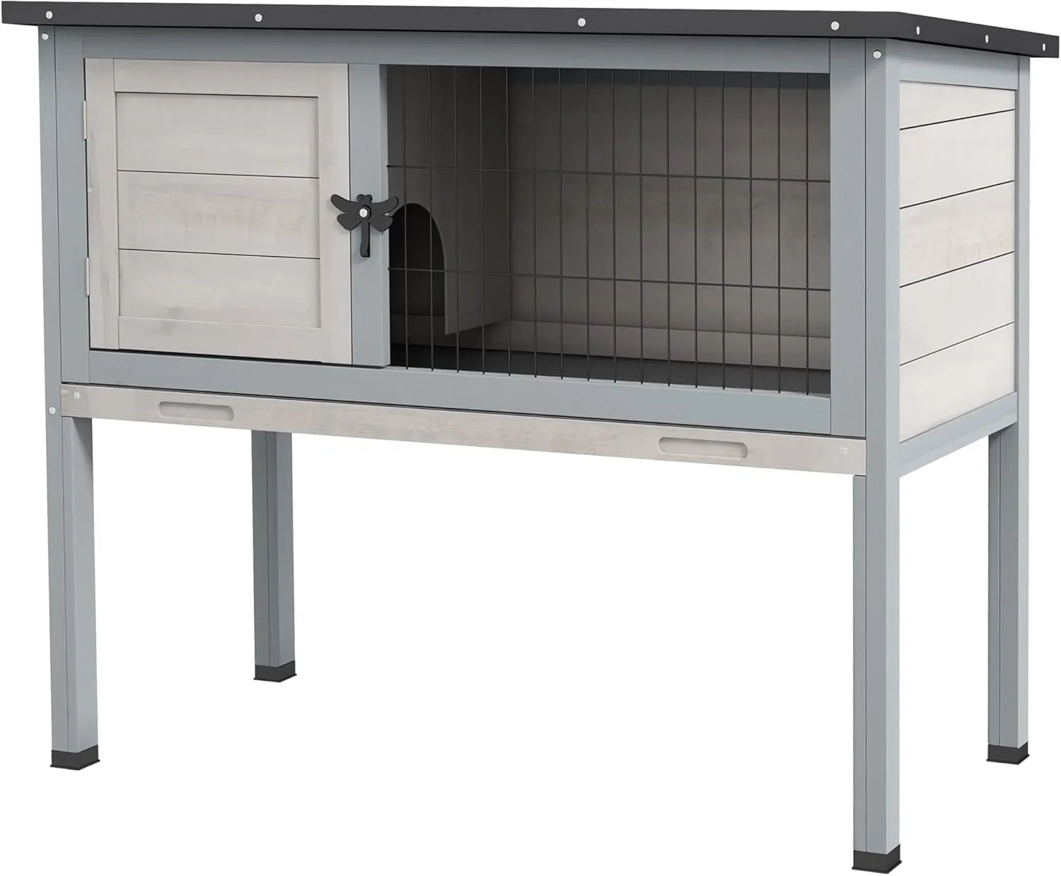 PawHut Elevated Wooden Rabbit Hutch, Indoor/Outdoor Bunny Cage with Hinged Asphalt Roof and Removable Tray for Guinea Pig, Gray