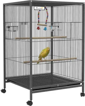 Pawhut Metal Bird Cage with Stand for Parrots, Lovebirds, Finches, Large Bird Cage with Swing, Stainless Steel Bowls, Removable Tray for Small Birds, Gray