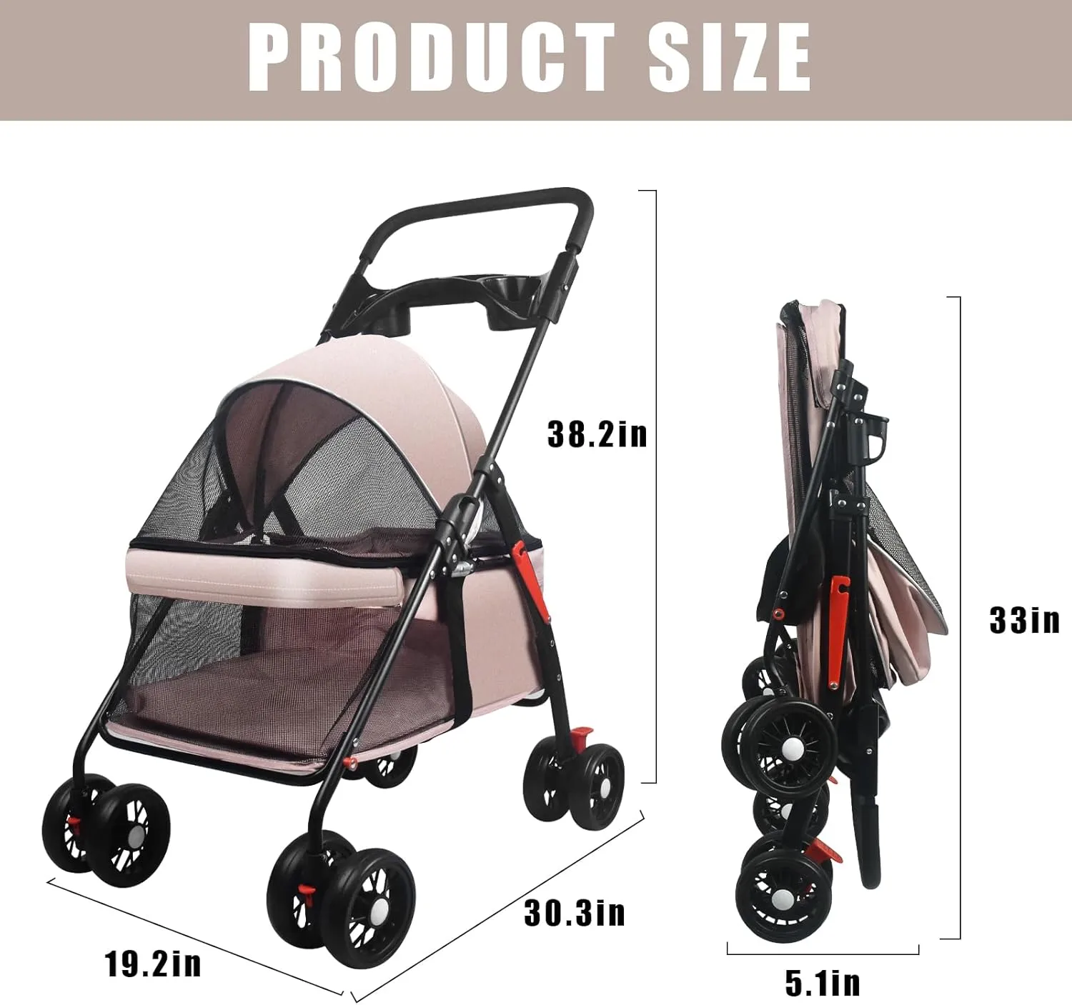 Pet Dog Cat Stroller with Foldable Dog Cat Cage Jogger Stroller with Storage Basket and Cup Holder,4 Wheels for Medium/Small Dogs and Cats, with Cup Holder (Pink)