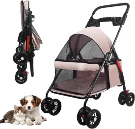 Pet Dog Cat Stroller with Foldable Dog Cat Cage Jogger Stroller with Storage Basket and Cup Holder,4 Wheels for Medium/Small Dogs and Cats, with Cup Holder (Pink)