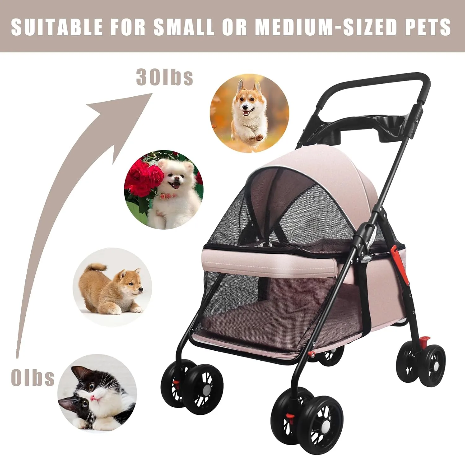 Pet Dog Cat Stroller with Foldable Dog Cat Cage Jogger Stroller with Storage Basket and Cup Holder,4 Wheels for Medium/Small Dogs and Cats, with Cup Holder (Pink)