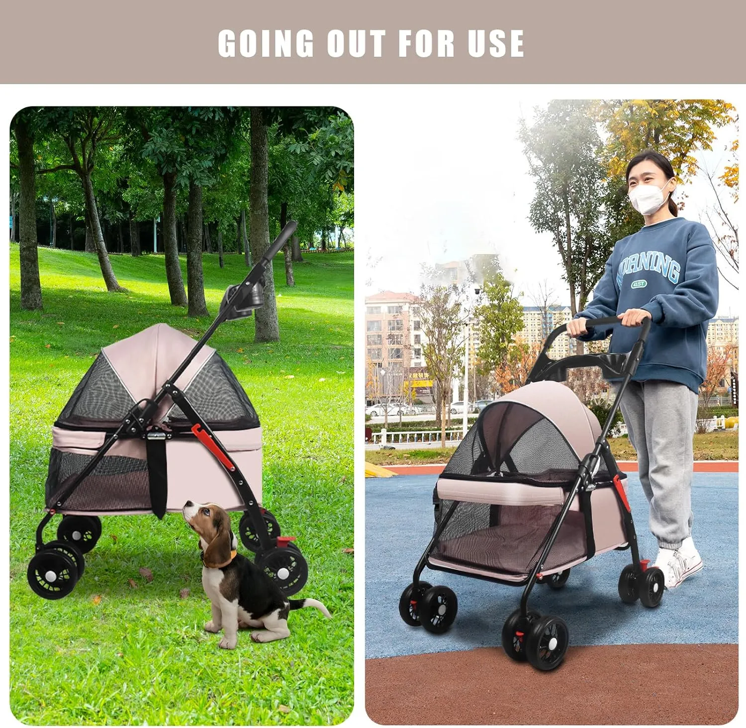 Pet Dog Cat Stroller with Foldable Dog Cat Cage Jogger Stroller with Storage Basket and Cup Holder,4 Wheels for Medium/Small Dogs and Cats, with Cup Holder (Pink)