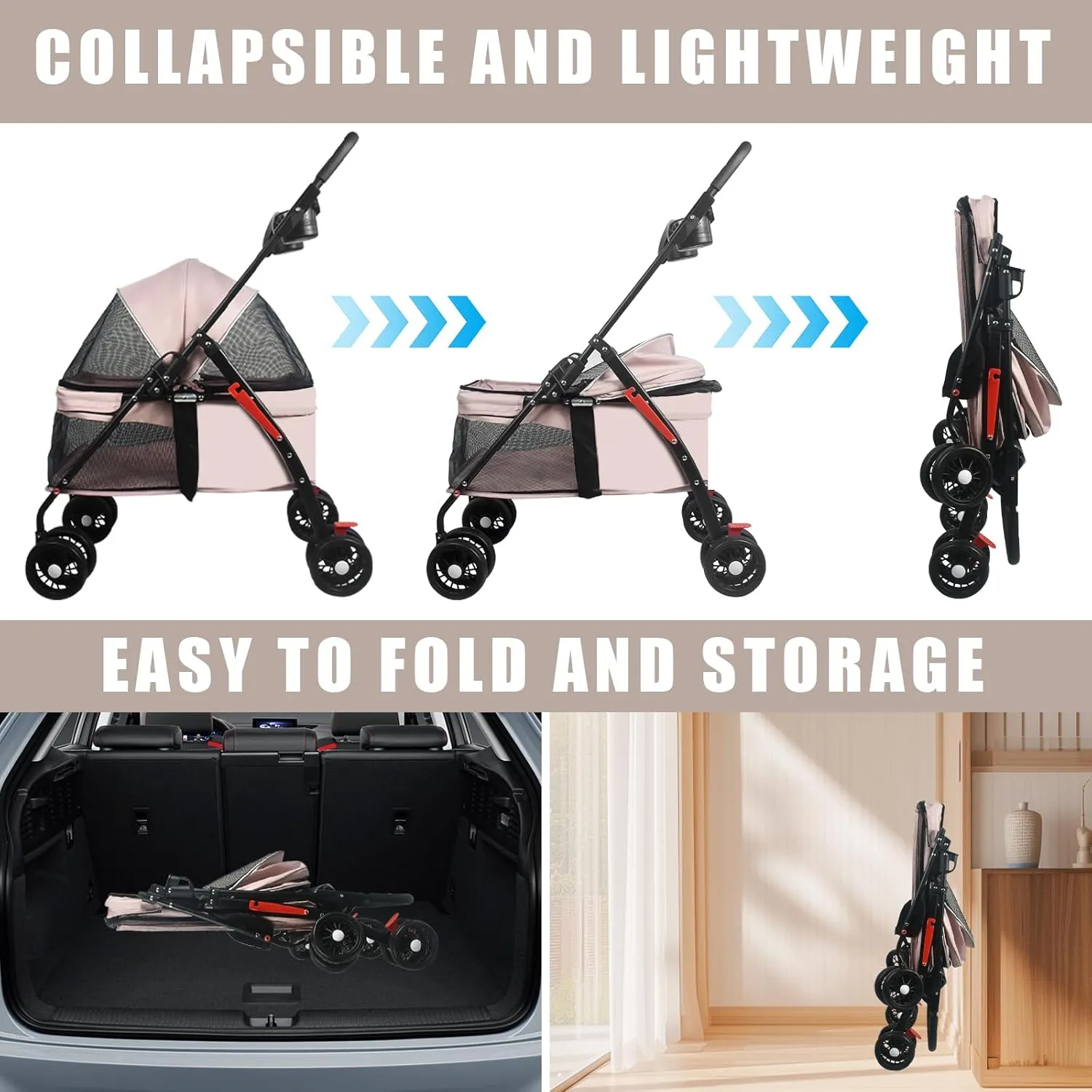 Pet Dog Cat Stroller with Foldable Dog Cat Cage Jogger Stroller with Storage Basket and Cup Holder,4 Wheels for Medium/Small Dogs and Cats, with Cup Holder (Pink)