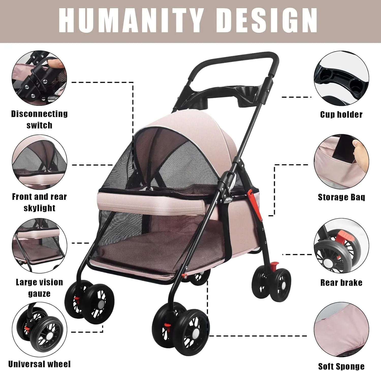 Pet Dog Cat Stroller with Foldable Dog Cat Cage Jogger Stroller with Storage Basket and Cup Holder,4 Wheels for Medium/Small Dogs and Cats, with Cup Holder (Pink)