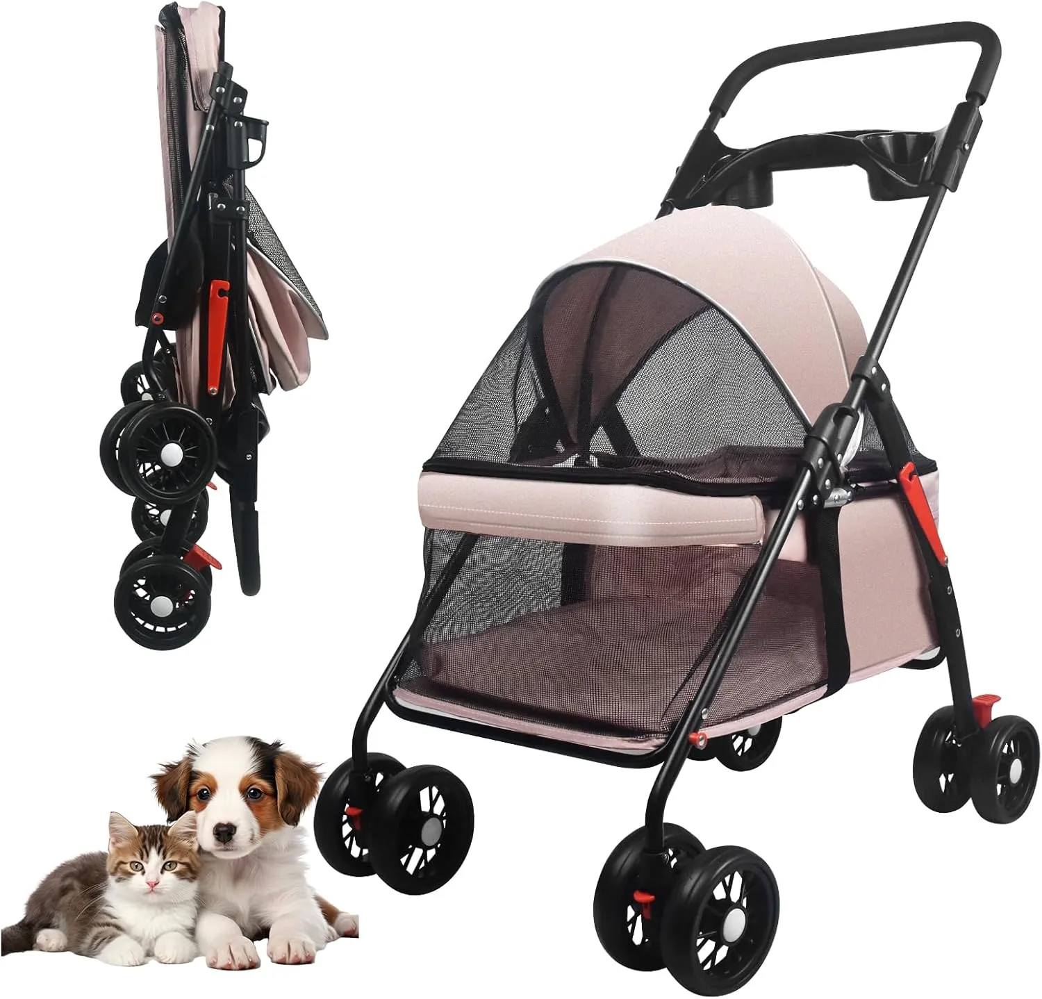 Pet Dog Cat Stroller with Foldable Dog Cat Cage Jogger Stroller with Storage Basket and Cup Holder,4 Wheels for Medium/Small Dogs and Cats, with Cup Holder (Pink)