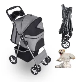 Pet Stroller for Medium Small Dogs, Foldable 4 Wheels Dog Strollers, Lightweight Pet Travel Cat Stroller, with Safety Belt Storage Basket Cup Holder for Dogs Cats Puppy 33lbs Capacity Grey