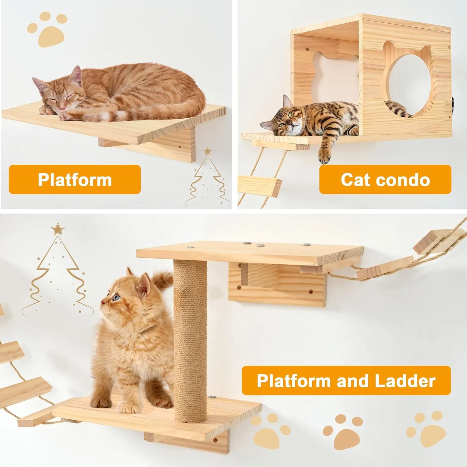 PETKABOO Cat Wall Shleves and Perches, Pine Wooden Cat Wall Furniture Climbing Shelves with Climber, Condo, Scratching Post, Ladder & Platform