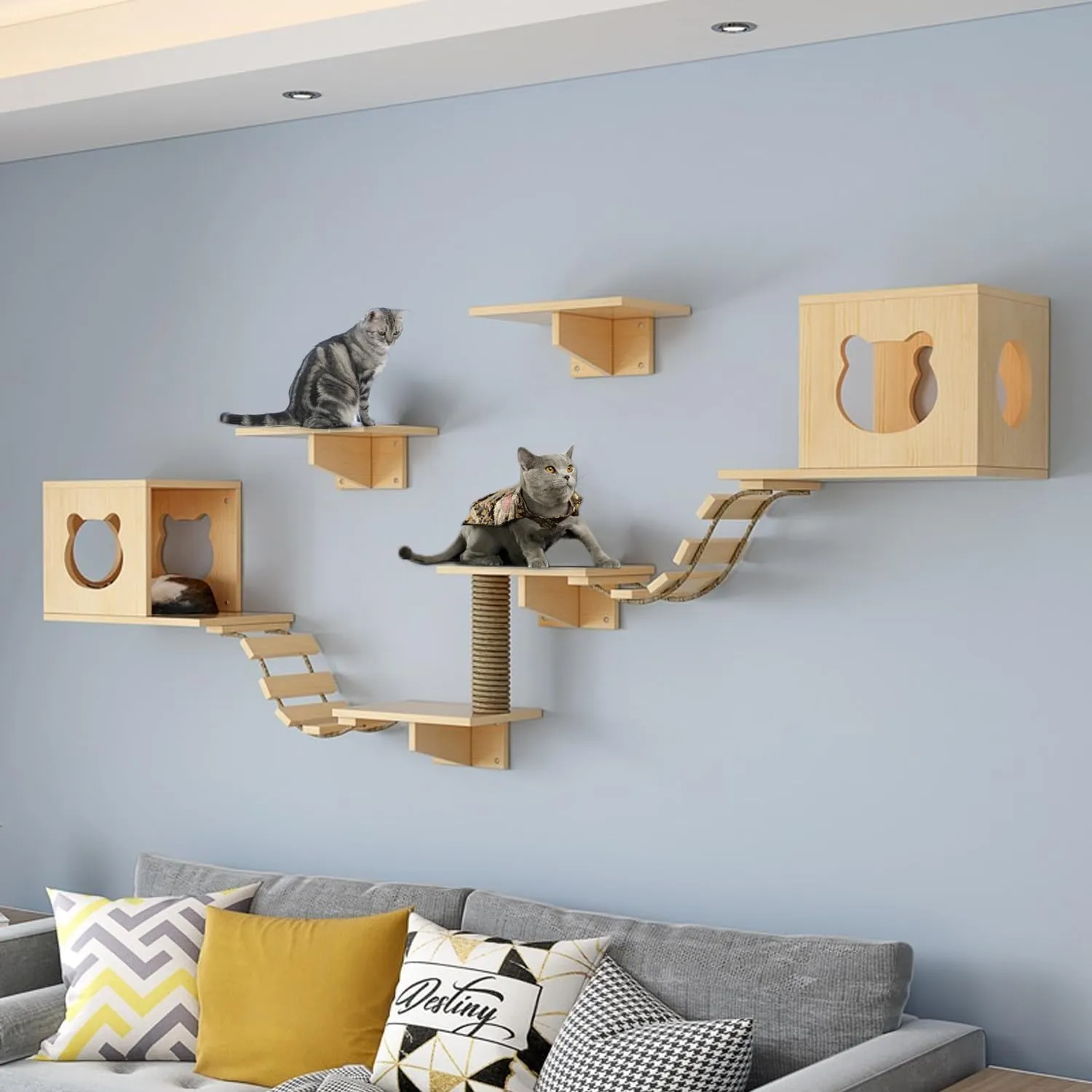 PETKABOO Cat Wall Shleves and Perches, Pine Wooden Cat Wall Furniture Climbing Shelves with Climber, Condo, Scratching Post, Ladder & Platform