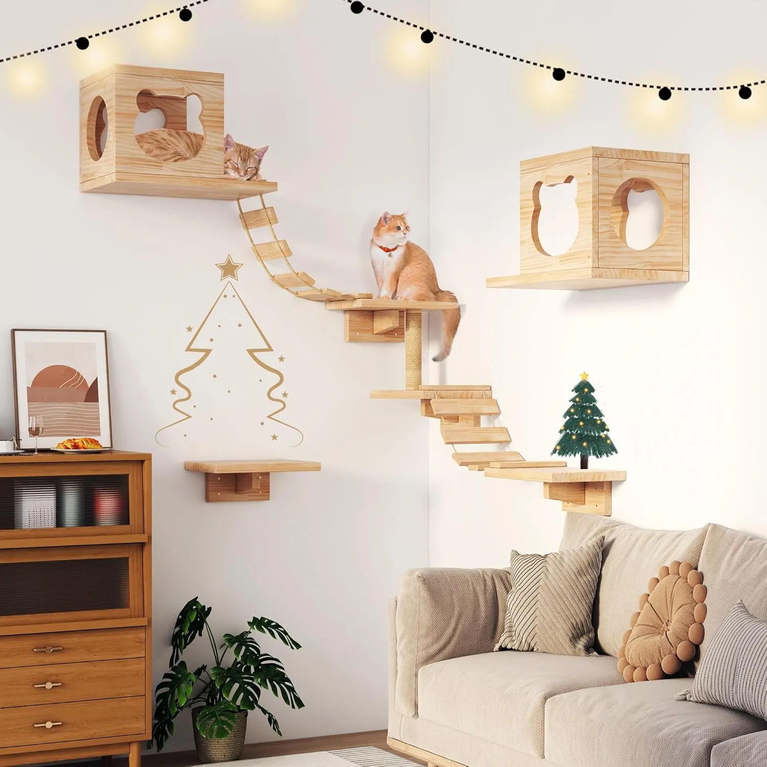 PETKABOO Cat Wall Shleves and Perches, Pine Wooden Cat Wall Furniture Climbing Shelves with Climber, Condo, Scratching Post, Ladder & Platform