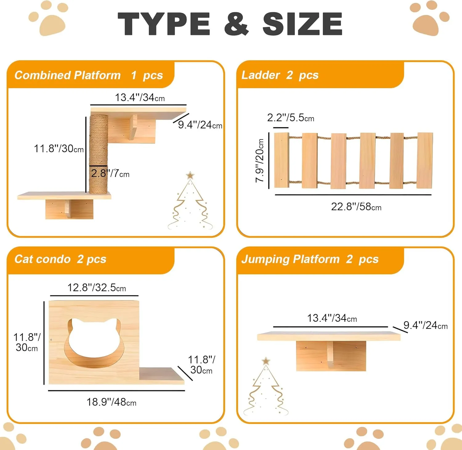 PETKABOO Cat Wall Shleves and Perches, Pine Wooden Cat Wall Furniture Climbing Shelves with Climber, Condo, Scratching Post, Ladder & Platform