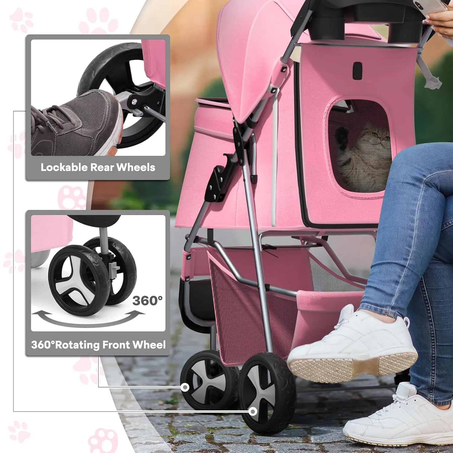 Pink Dog Stroller for Medium Dogs 30 lbs Pet Stroller for Small Dogs Cat Strollers for 2 Cats, 3 Wheels Foldable Jogger Puppy Stroller with Storage Basket and Cup Holder, Pink