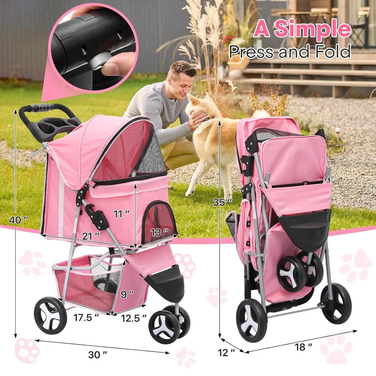 Pink Dog Stroller for Medium Dogs 30 lbs Pet Stroller for Small Dogs Cat Strollers for 2 Cats, 3 Wheels Foldable Jogger Puppy Stroller with Storage Basket and Cup Holder, Pink
