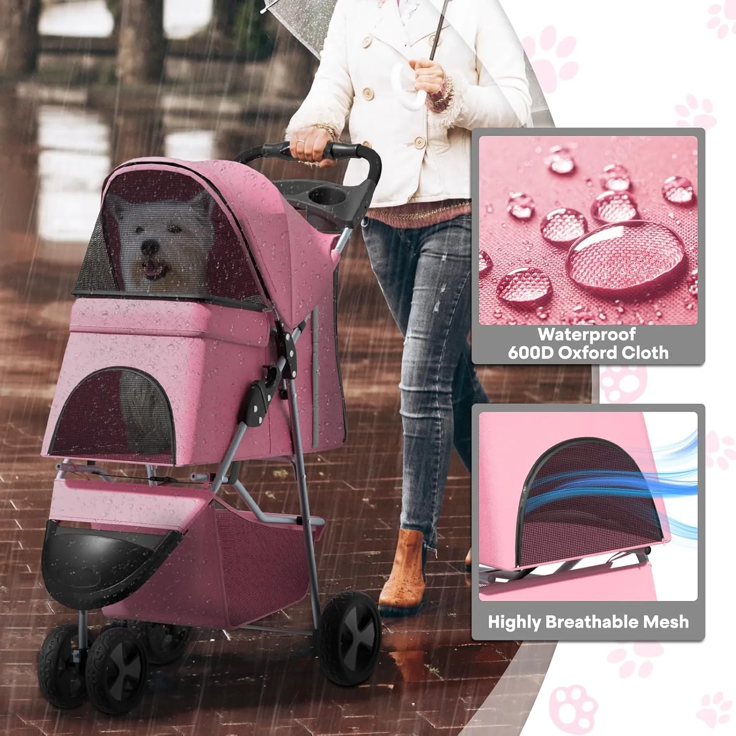 Pink Dog Stroller for Medium Dogs 30 lbs Pet Stroller for Small Dogs Cat Strollers for 2 Cats, 3 Wheels Foldable Jogger Puppy Stroller with Storage Basket and Cup Holder, Pink