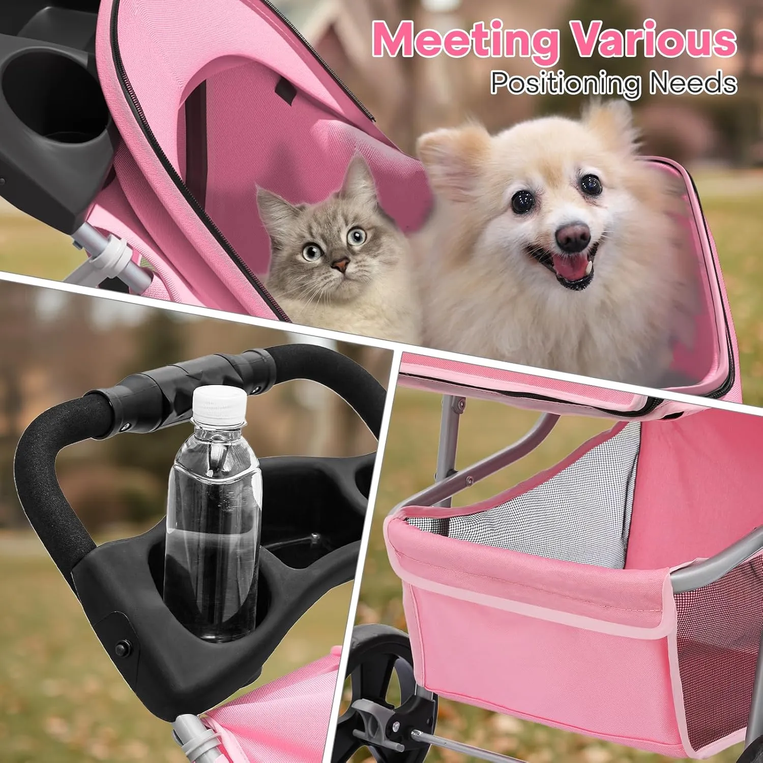 Pink Dog Stroller for Medium Dogs 30 lbs Pet Stroller for Small Dogs Cat Strollers for 2 Cats, 3 Wheels Foldable Jogger Puppy Stroller with Storage Basket and Cup Holder, Pink