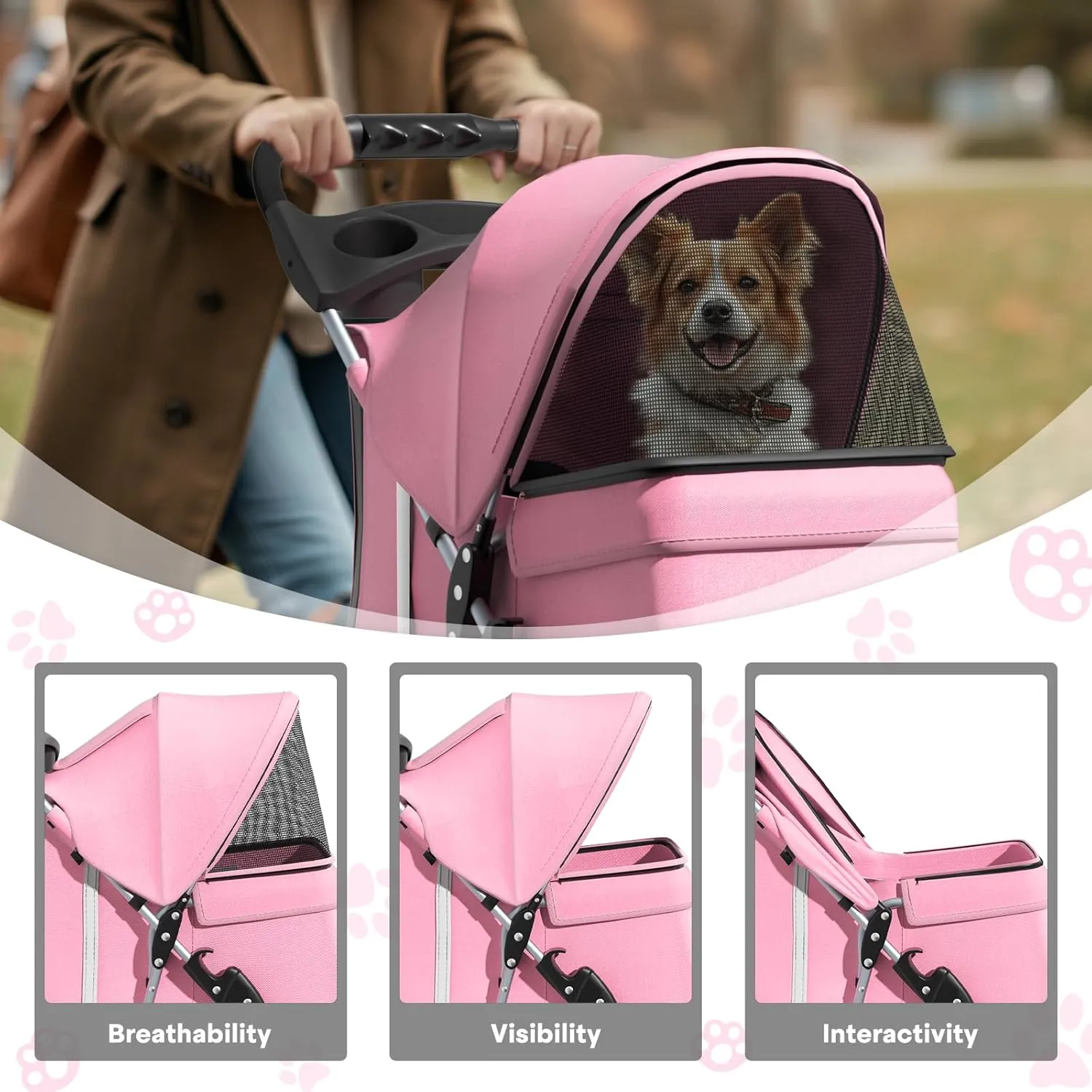 Pink Dog Stroller for Medium Dogs 30 lbs Pet Stroller for Small Dogs Cat Strollers for 2 Cats, 3 Wheels Foldable Jogger Puppy Stroller with Storage Basket and Cup Holder, Pink