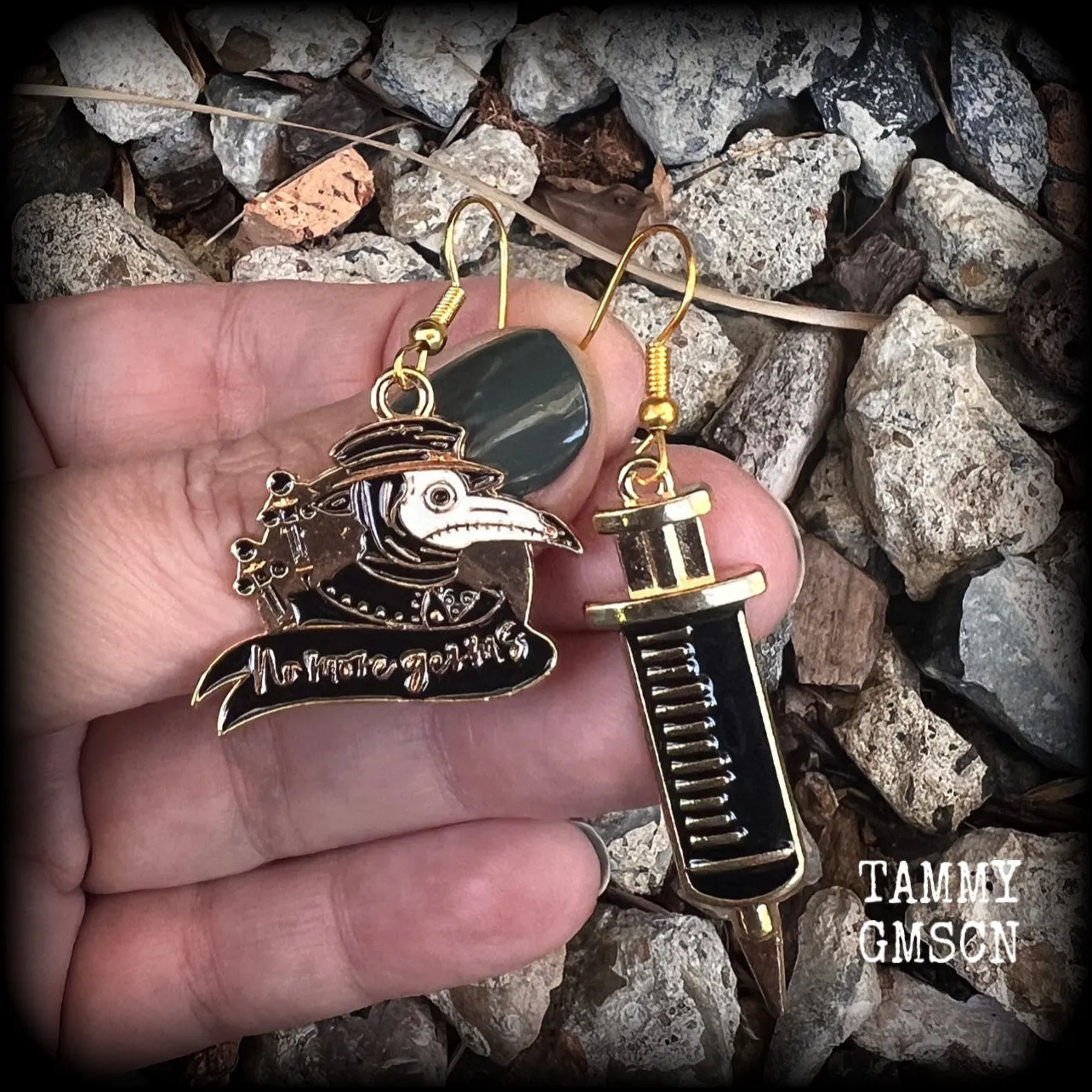 Plague Doctor and syringe earrings-Halloween plague mask earrings