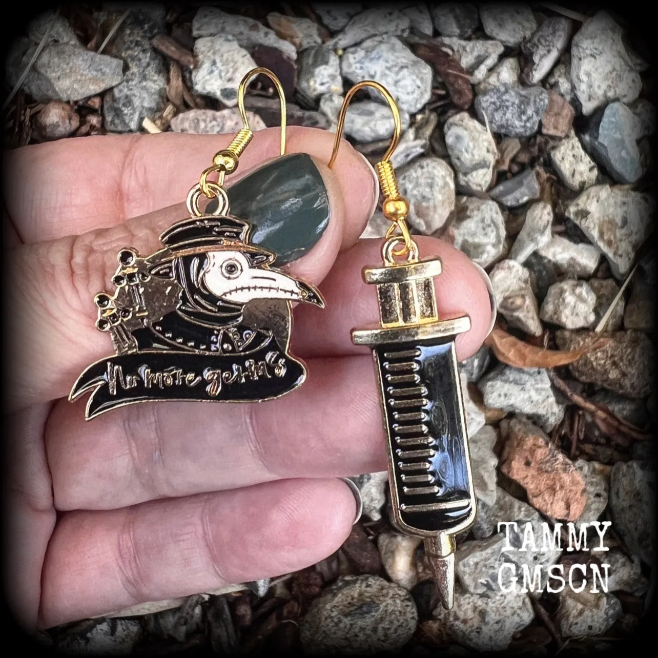 Plague Doctor and syringe earrings-Halloween plague mask earrings
