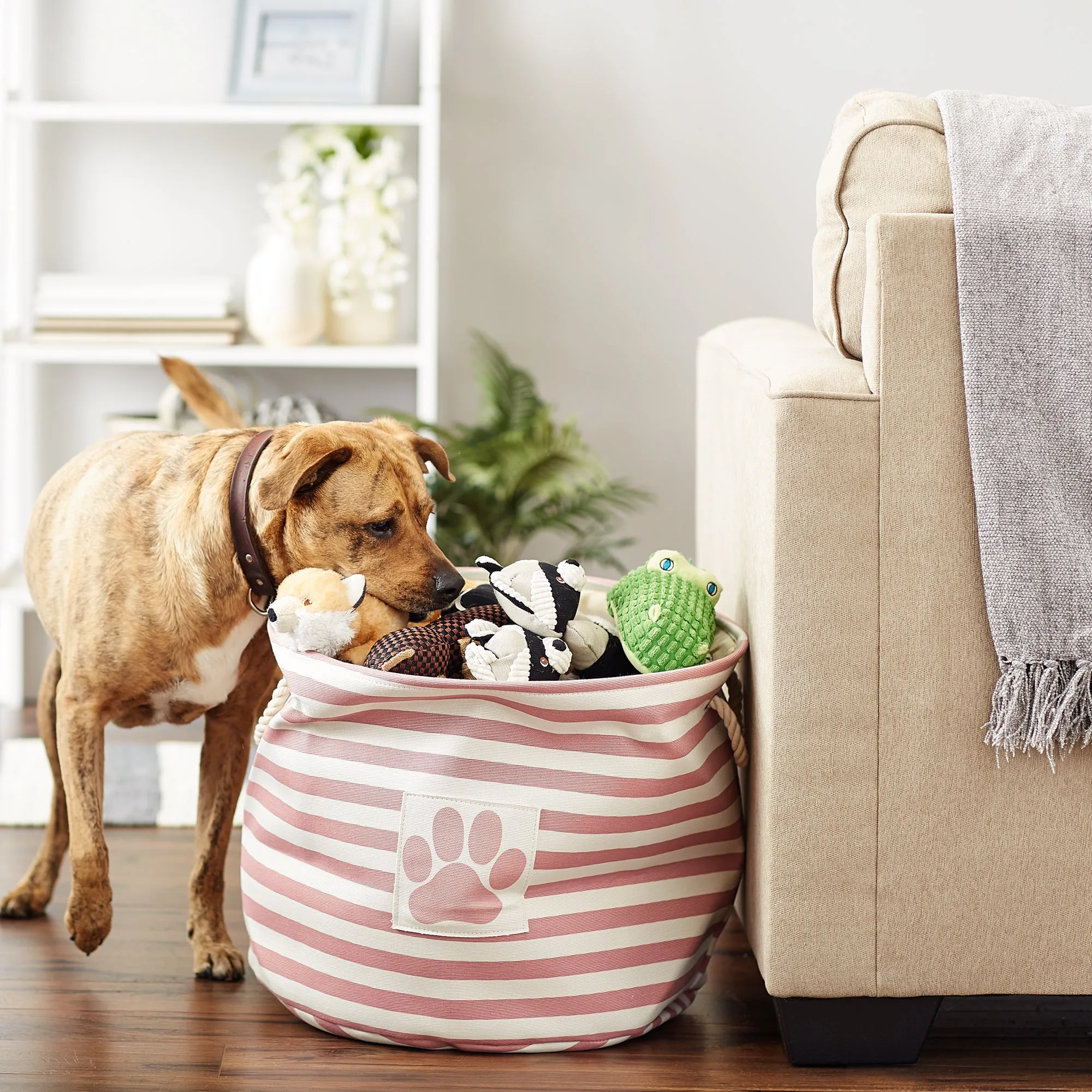 Polyester Pet Bin Stripe With Paw Patch Rose Round Large 15X18X18