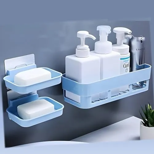 QXORE Plastic Self Adhesive Bathroom Shelf/Bathroom Organizer Bathroom shower caddy Shelf/Wall Mount Bathroom Accessories (4 Bath Shelf   4 Soap Dish), White