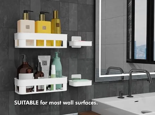 QXORE Plastic Self Adhesive Bathroom Shelf/Bathroom Organizer Bathroom shower caddy Shelf/Wall Mount Bathroom Accessories (4 Bath Shelf   4 Soap Dish), White