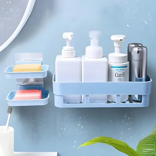 QXORE Plastic Self Adhesive Bathroom Shelf/Bathroom Organizer Bathroom shower caddy Shelf/Wall Mount Bathroom Accessories (4 Bath Shelf   4 Soap Dish), White