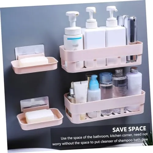 QXORE Plastic Self Adhesive Bathroom Shelf/Bathroom Organizer Bathroom shower caddy Shelf/Wall Mount Bathroom Accessories (4 Bath Shelf   4 Soap Dish), White
