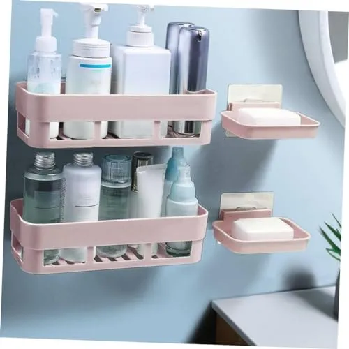 QXORE Plastic Self Adhesive Bathroom Shelf/Bathroom Organizer Bathroom shower caddy Shelf/Wall Mount Bathroom Accessories (4 Bath Shelf   4 Soap Dish), White