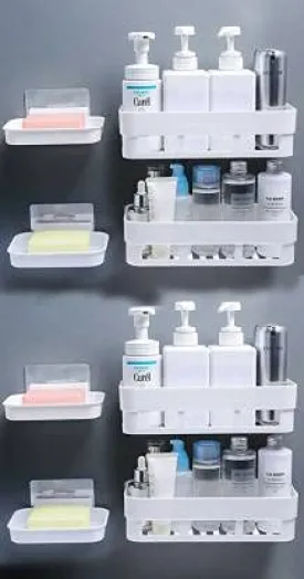 QXORE Plastic Self Adhesive Bathroom Shelf/Bathroom Organizer Bathroom shower caddy Shelf/Wall Mount Bathroom Accessories (4 Bath Shelf   4 Soap Dish), White