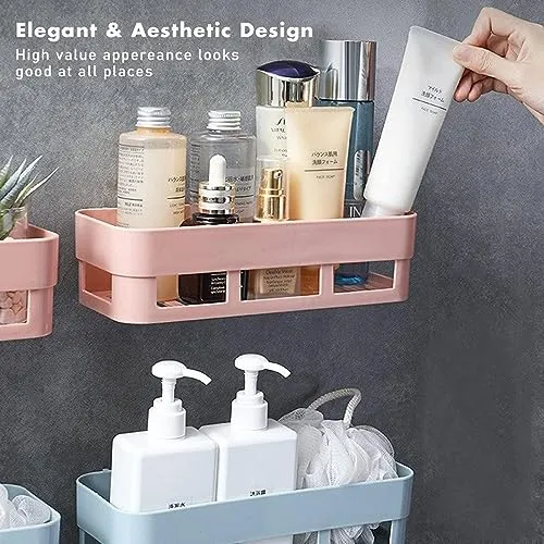 QXORE Plastic Self Adhesive Bathroom Shelf/Bathroom Organizer Bathroom shower caddy Shelf/Wall Mount Bathroom Accessories (4 Bath Shelf   4 Soap Dish), White