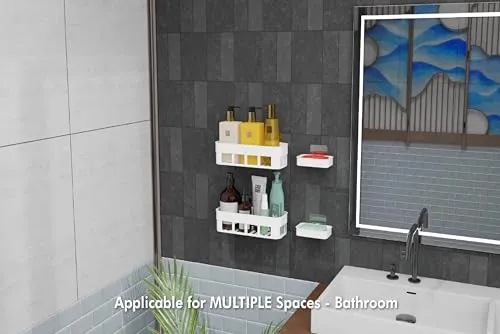 QXORE Plastic Self Adhesive Bathroom Shelf/Bathroom Organizer Bathroom shower caddy Shelf/Wall Mount Bathroom Accessories (4 Bath Shelf   4 Soap Dish), White