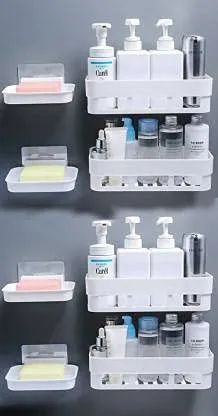 QXORE Plastic Self Adhesive Bathroom Shelf/Bathroom Organizer Bathroom shower caddy Shelf/Wall Mount Bathroom Accessories (4 Bath Shelf   4 Soap Dish), White
