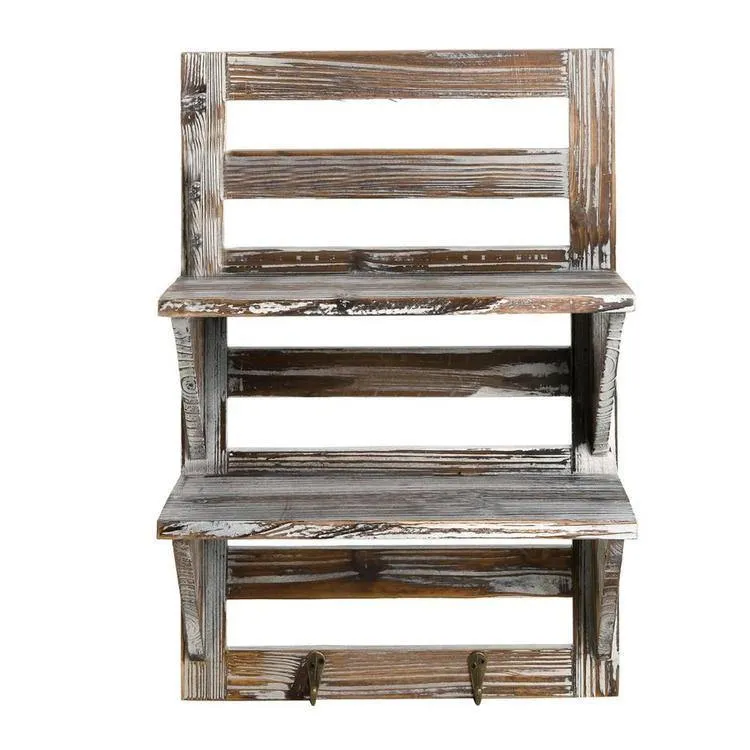 Rustic Wood Wall Mounted Organizer Shelves with Hooks