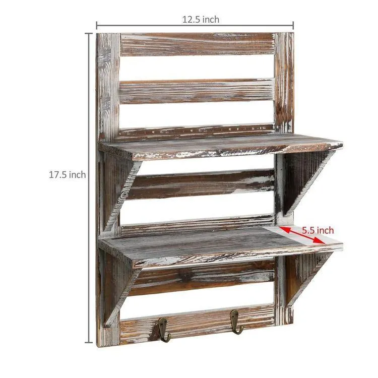 Rustic Wood Wall Mounted Organizer Shelves with Hooks