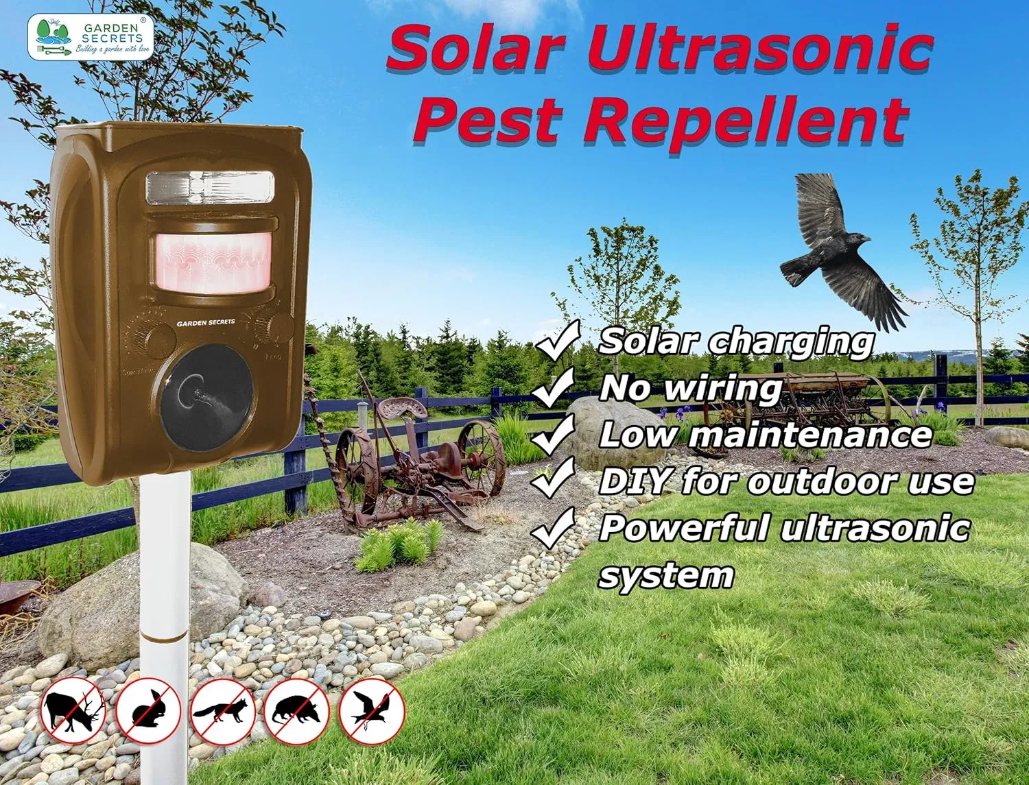 Solar Animal Repellent. Ultrasonic Outdoor Animal Repeller, Deer Repellent Raccoon Repellent Skunk Repellent Cat Rat Dog and Mice Deterrent Away.