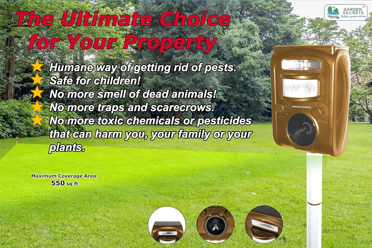 Solar Animal Repellent. Ultrasonic Outdoor Animal Repeller, Deer Repellent Raccoon Repellent Skunk Repellent Cat Rat Dog and Mice Deterrent Away.